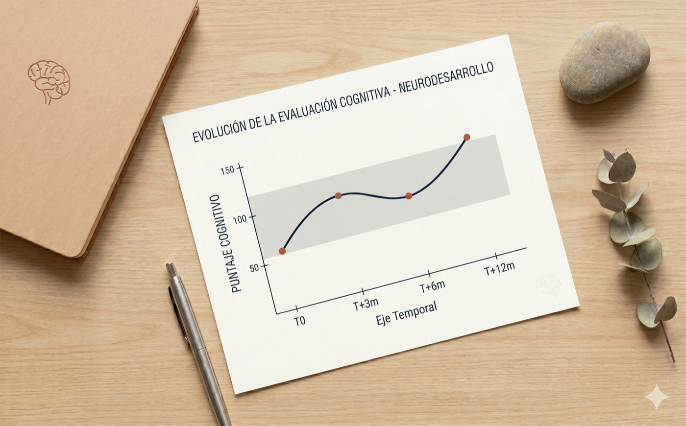 Gráfico de líneas mostrando la evolución cognitiva de un paciente a lo largo de cuatro puntos temporales (T0, T+3m, T+6m, T+12m), con banda normativa de referencia.