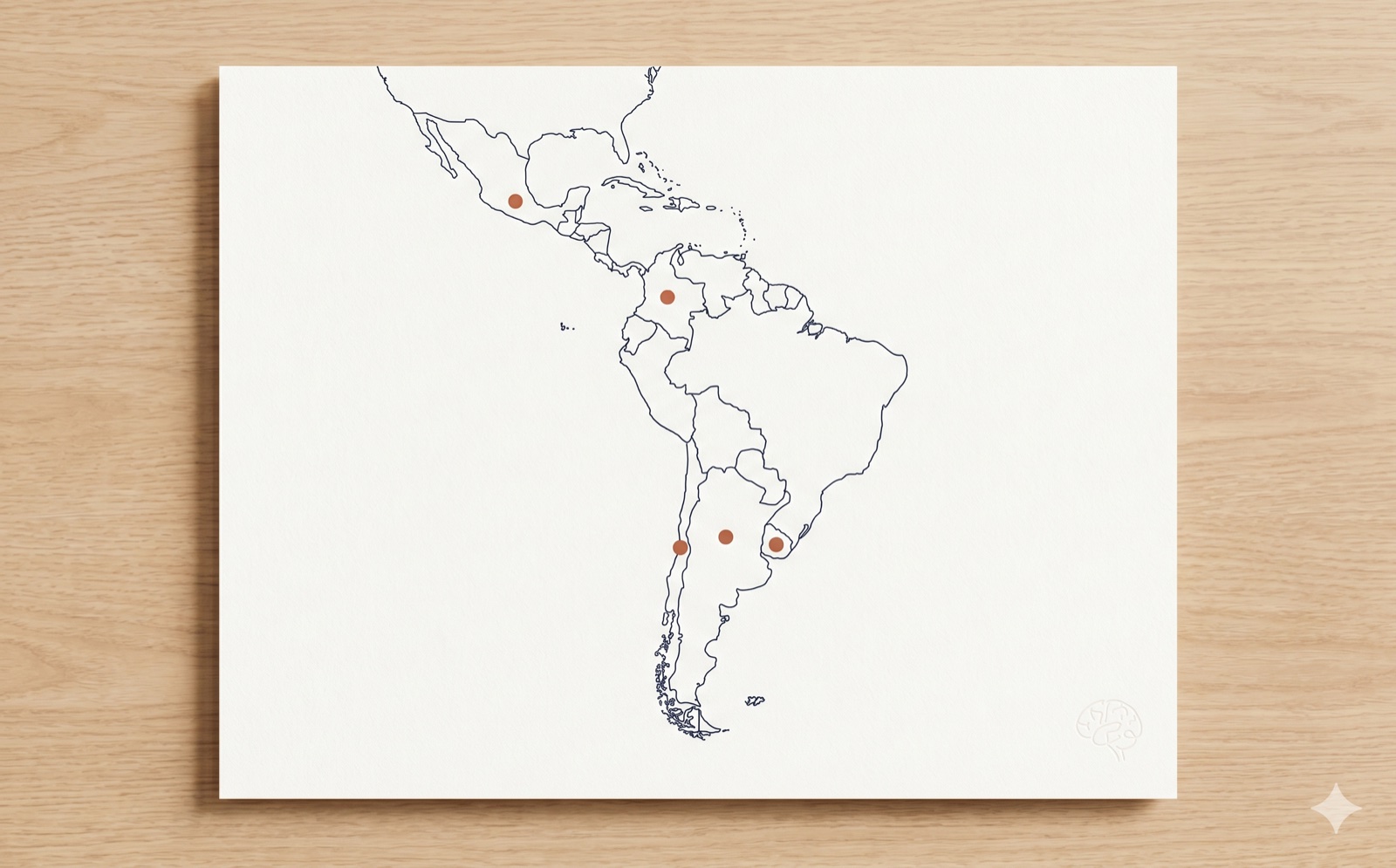 Mapa de América Latina con marcadores en color clay.