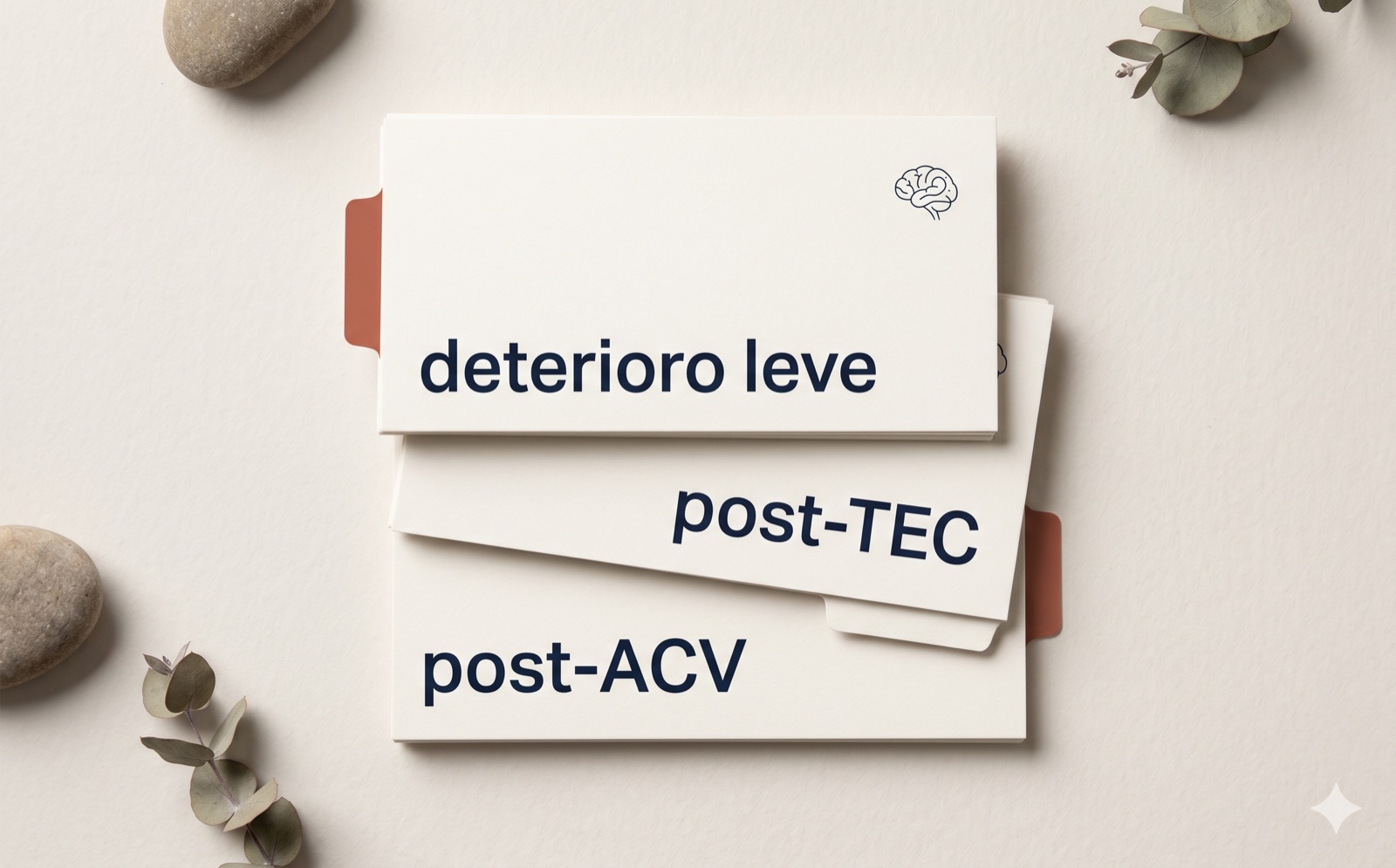 Tres fichas clínicas apiladas con los nombres deterioro leve, post-TEC y post-ACV.