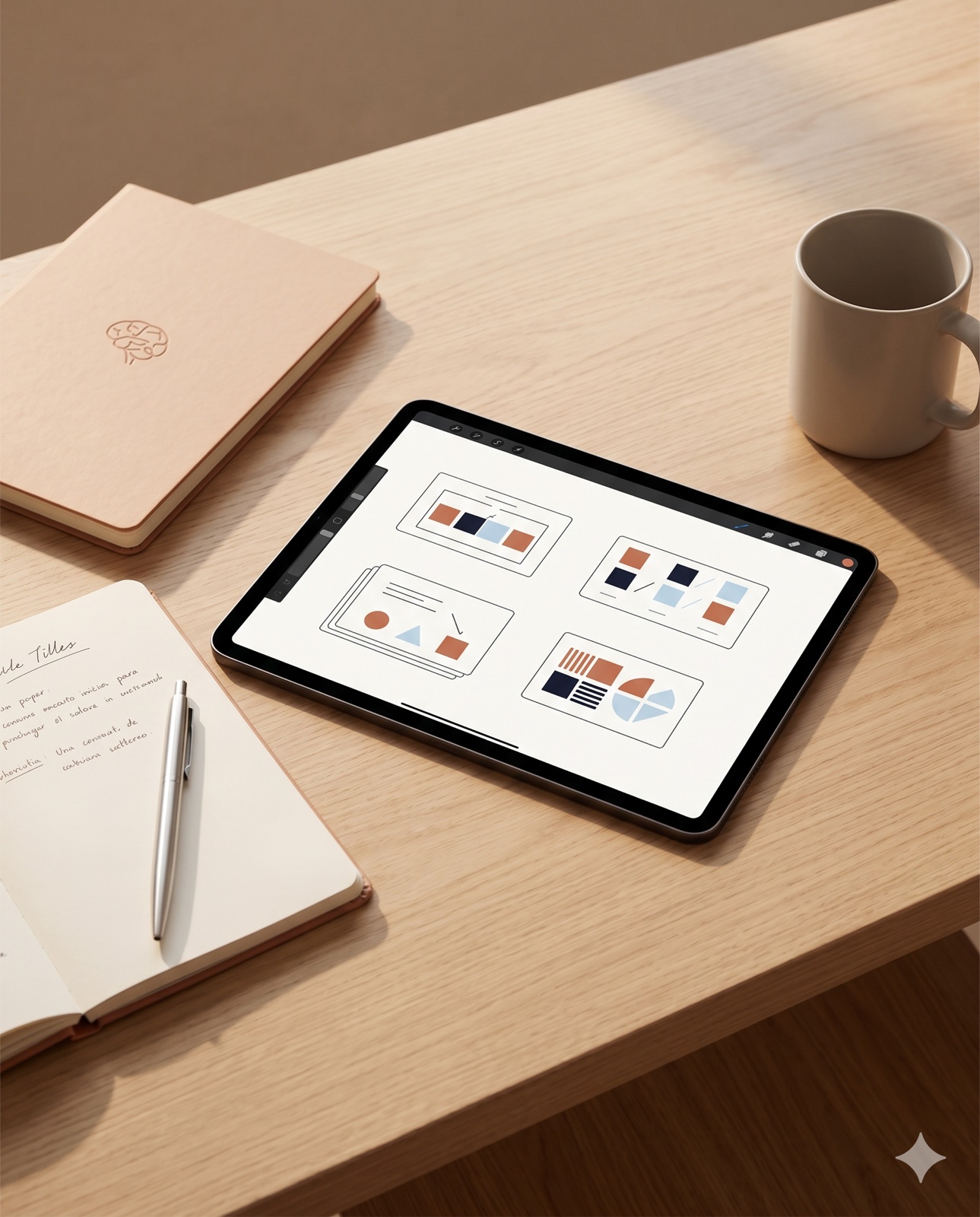 Escritorio de consultorio: tablet con la app de evaluación cognitiva, cuaderno con dibujo de cerebro, lapicera plateada y taza de café sobre madera clara.