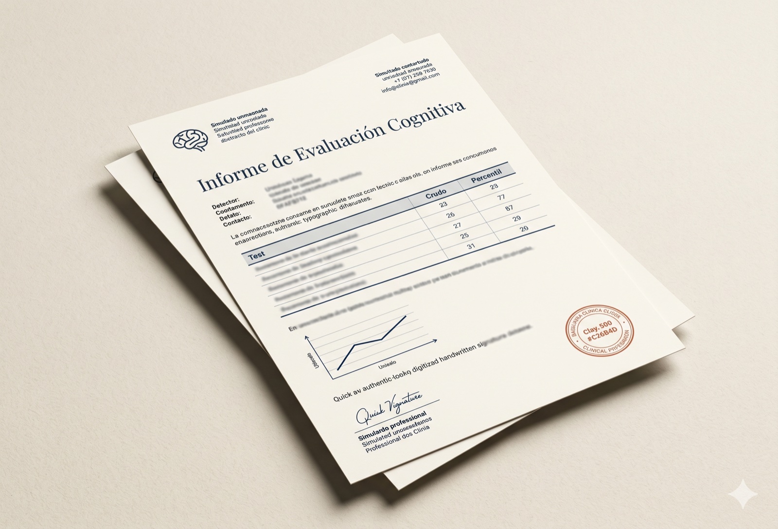 Informe clínico firmado en formato A4: título 'Informe de Evaluación Cognitiva', tabla de scores con columnas Crudo y Percentil, gráfico de líneas y firma manuscrita digitalizada.