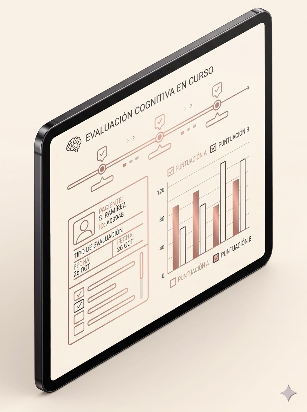 Render isométrico de una tablet mostrando una evaluación cognitiva en curso.